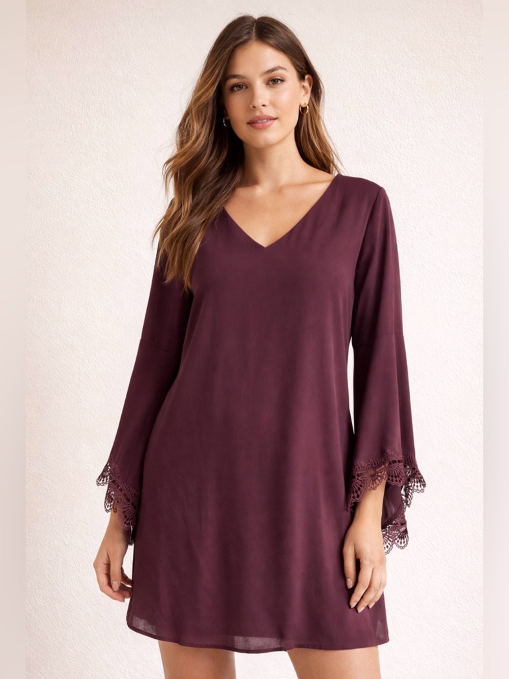 ASTR Women's V-Neck Lace Trim Shift Mini Dress in Plum